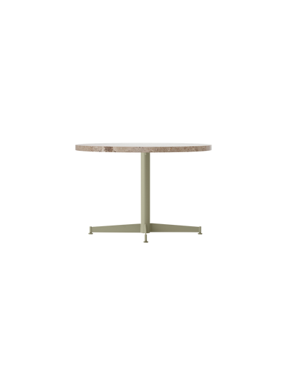 Side view of the Nook Lounge Table with a round Kunis Breccia stone top and an olive powder-coated steel four-star base.
