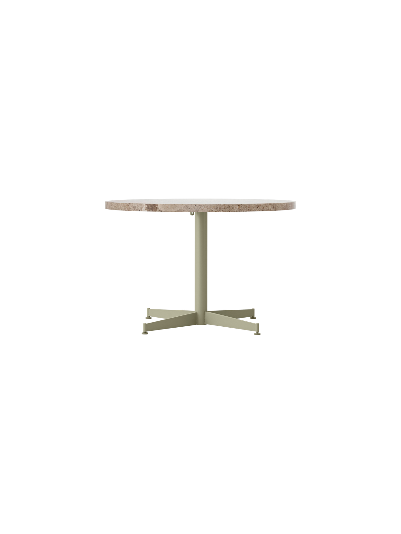 Front view of the Nook Lounge Table, featuring a round Kunis Breccia stone top and a slim, four-star base in an olive finish.