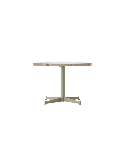 Front view of the Nook Lounge Table, featuring a round Kunis Breccia stone top and a slim, four-star base in an olive finish.