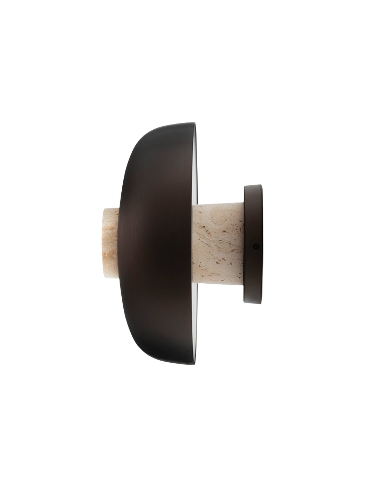 Detail side view of the turned-off Reverse Wall Lamp, showing the bronzed aluminium shade and the travertine stone base.