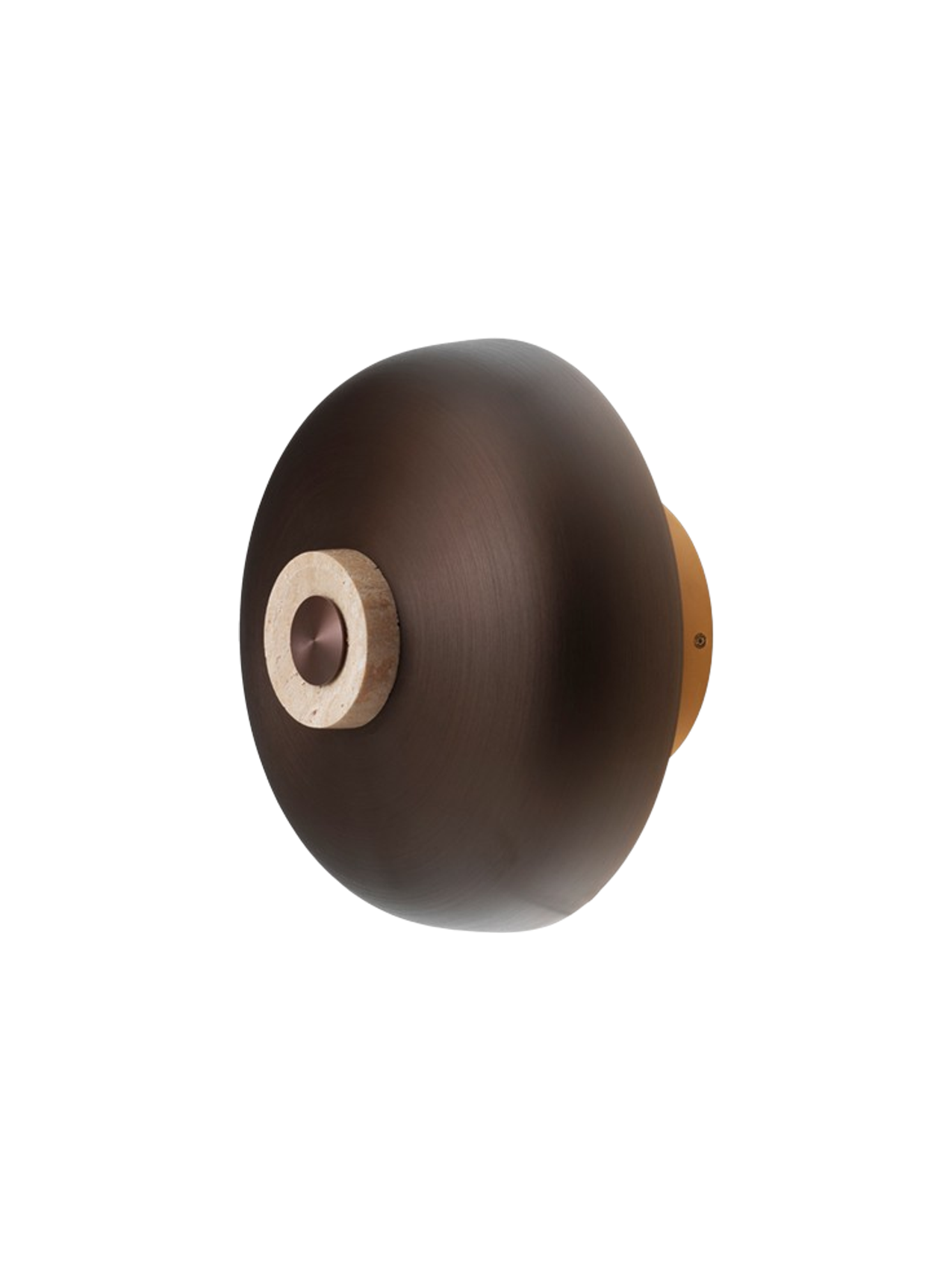 An angled view of the Reverse Wall Lamp against a black background, with bronzed aluminium shade and travertine dimmer.