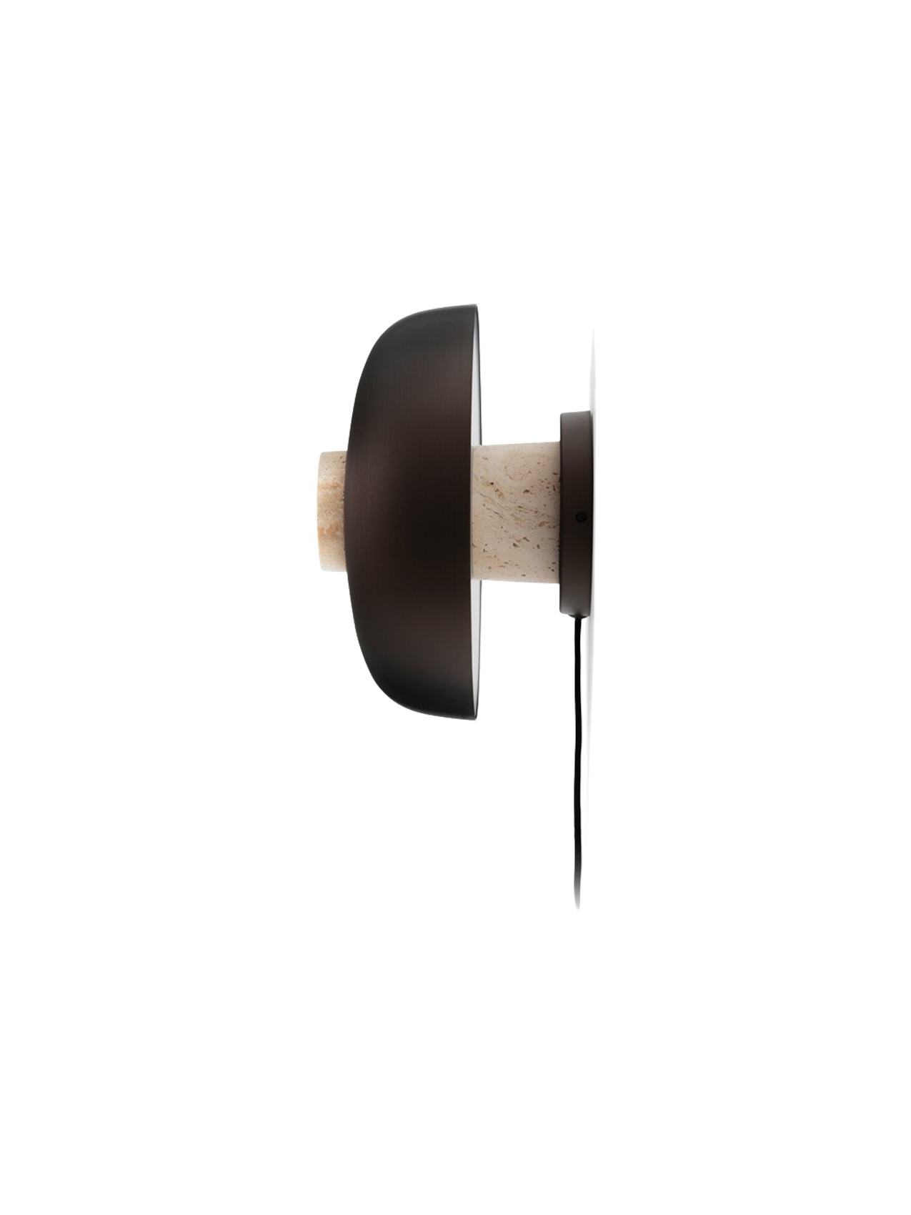 Side profile of the Reverse Wall Lamp, unlit, with a textured travertine base and smooth bronzed aluminium shade.