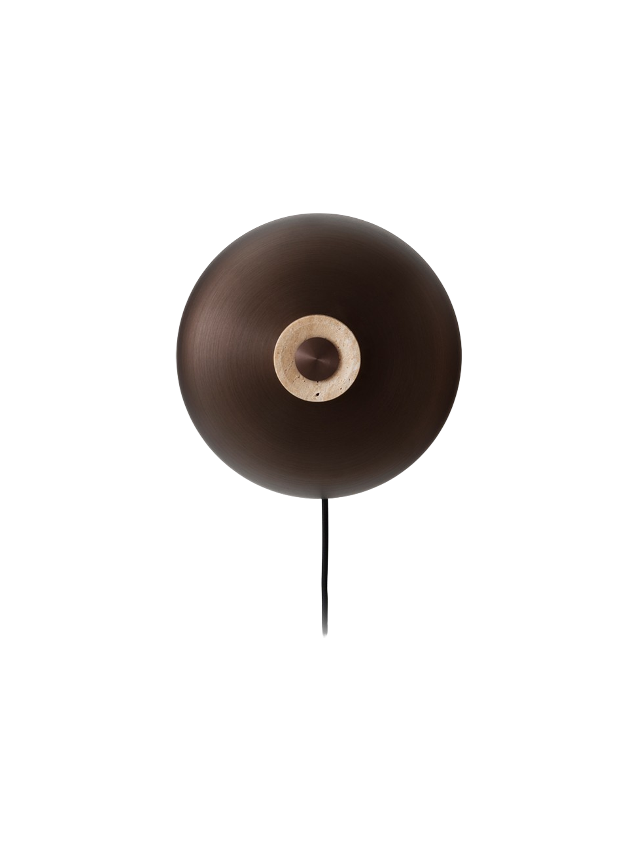 A front view of the Reverse Wall Lamp, with a circular bronzed aluminium shade and a central travertine base with a dimmer.