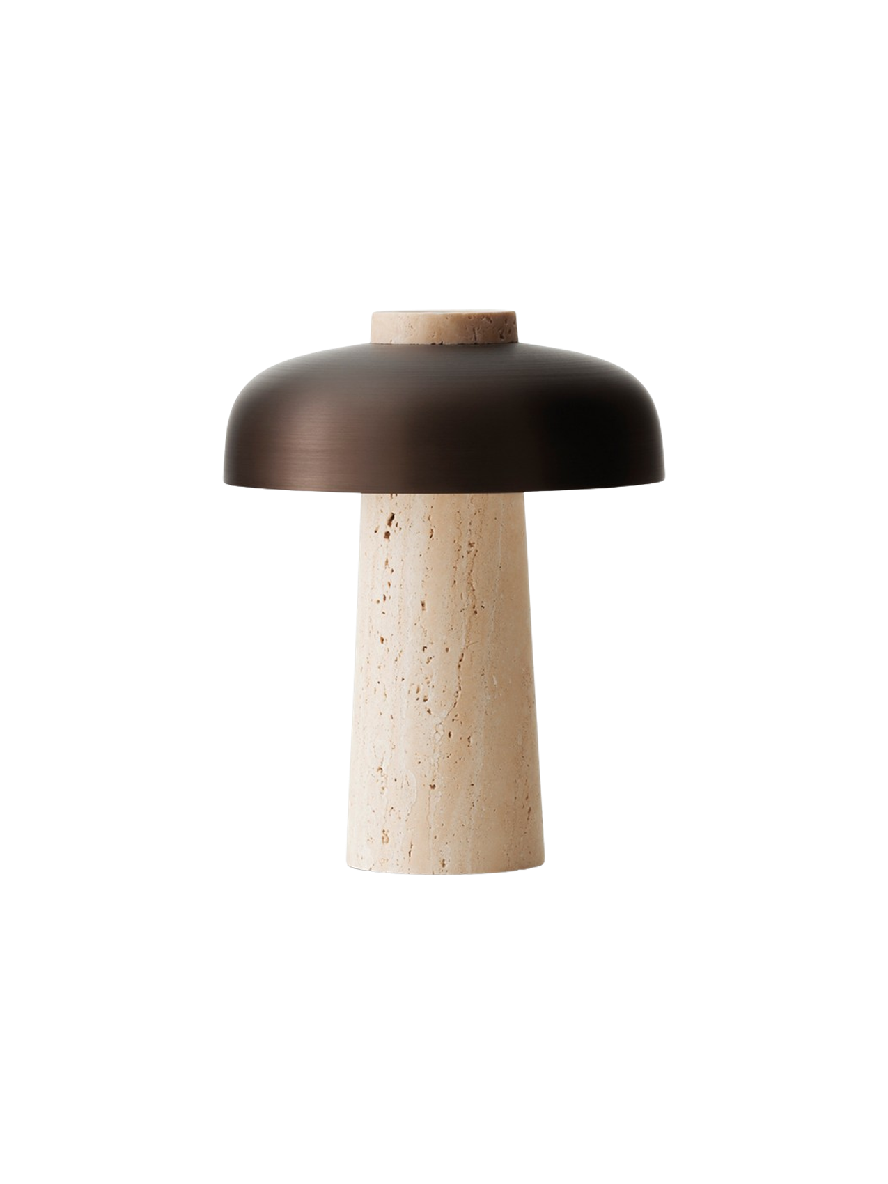 Reverse Table Lamp, Portable with a conical travertine base and a curved, bronzed aluminium shade on a black background.
