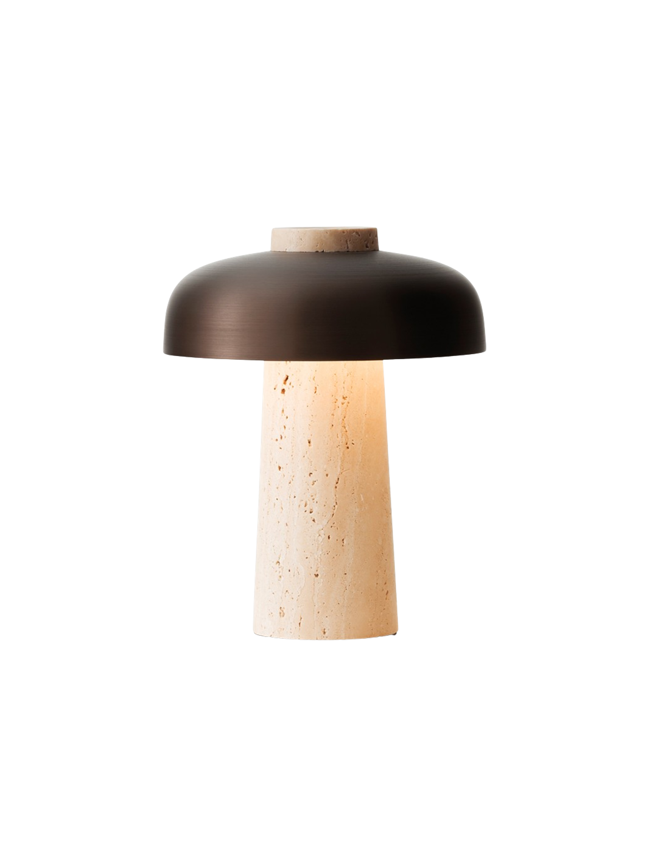 The Reverse Table Lamp, Portable, switched on, with a conical travertine base and a curved, bronzed aluminium shade.