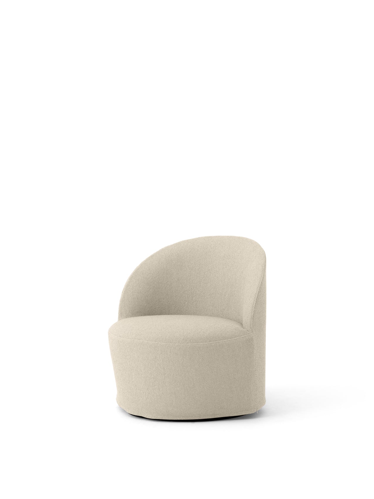 Angled view of the Tearoom Lounge Chair with Swivel and Loose Cover in a light-coloured Logan Jasmine bouclé fabric.