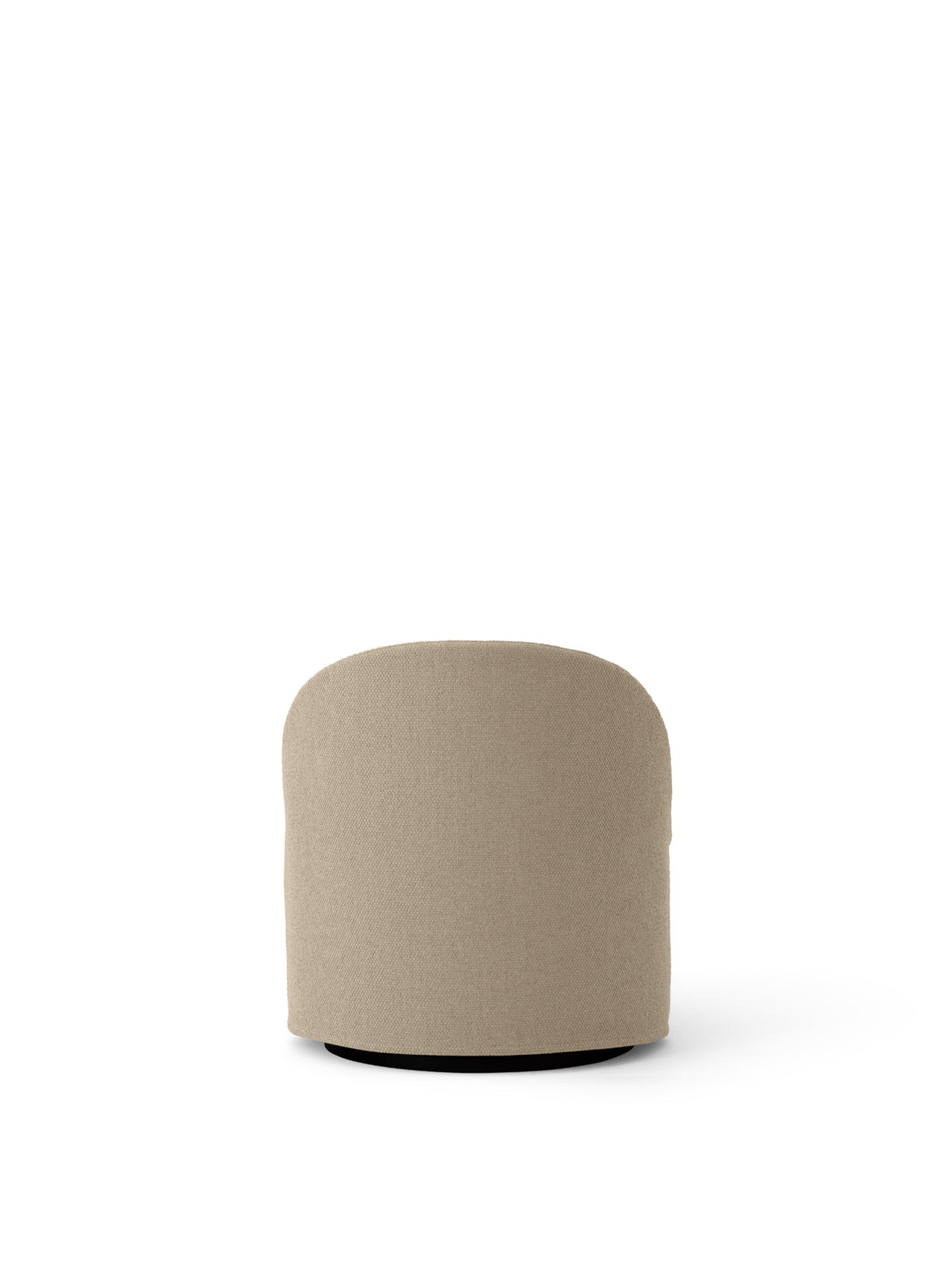 Back view of the Tearoom Lounge Chair with Swivel, upholstered in a sandy-beige Logan Sand loose cover on a black base.