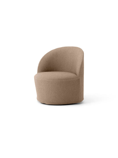 Angled view of the Tearoom Lounge Chair w. Swivel w. Loose Cover, upholstered in textured brownish-grey Logan Flint fabric.