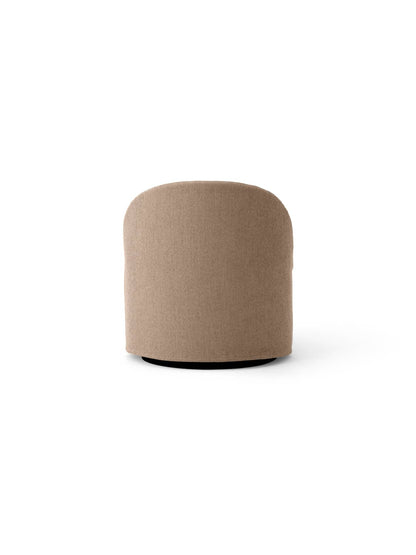 Back view of the Tearoom Lounge Chair with a Logan Flint loose cover, showing its curved back and black swivel base.