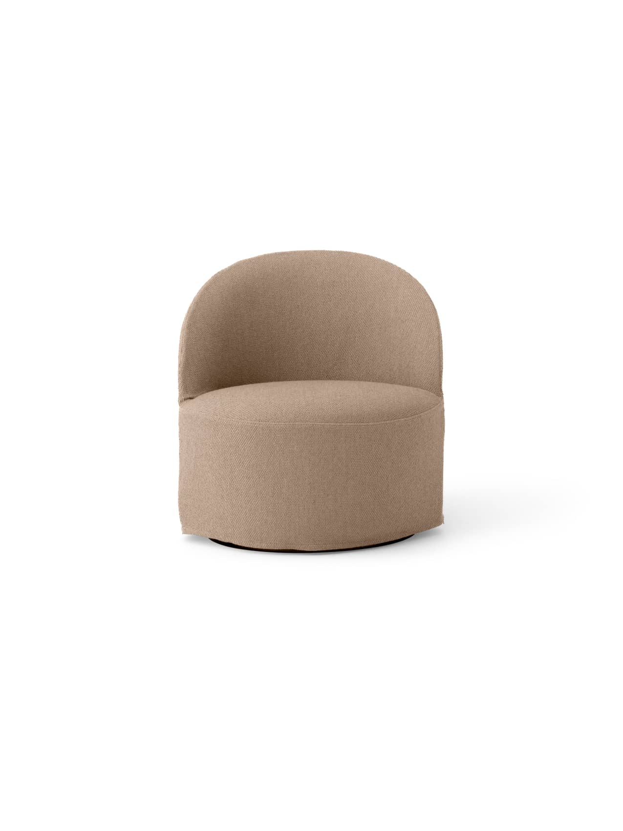 Front view of the Tearoom Lounge Chair with Swivel and Loose Cover in Logan Flint, featuring its embracing, cylindrical form.