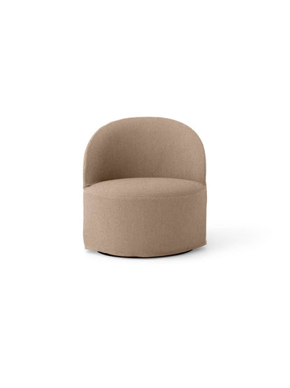 Front view of the Tearoom Lounge Chair with Swivel in Logan Flint, featuring a rounded back and circular upholstered base.