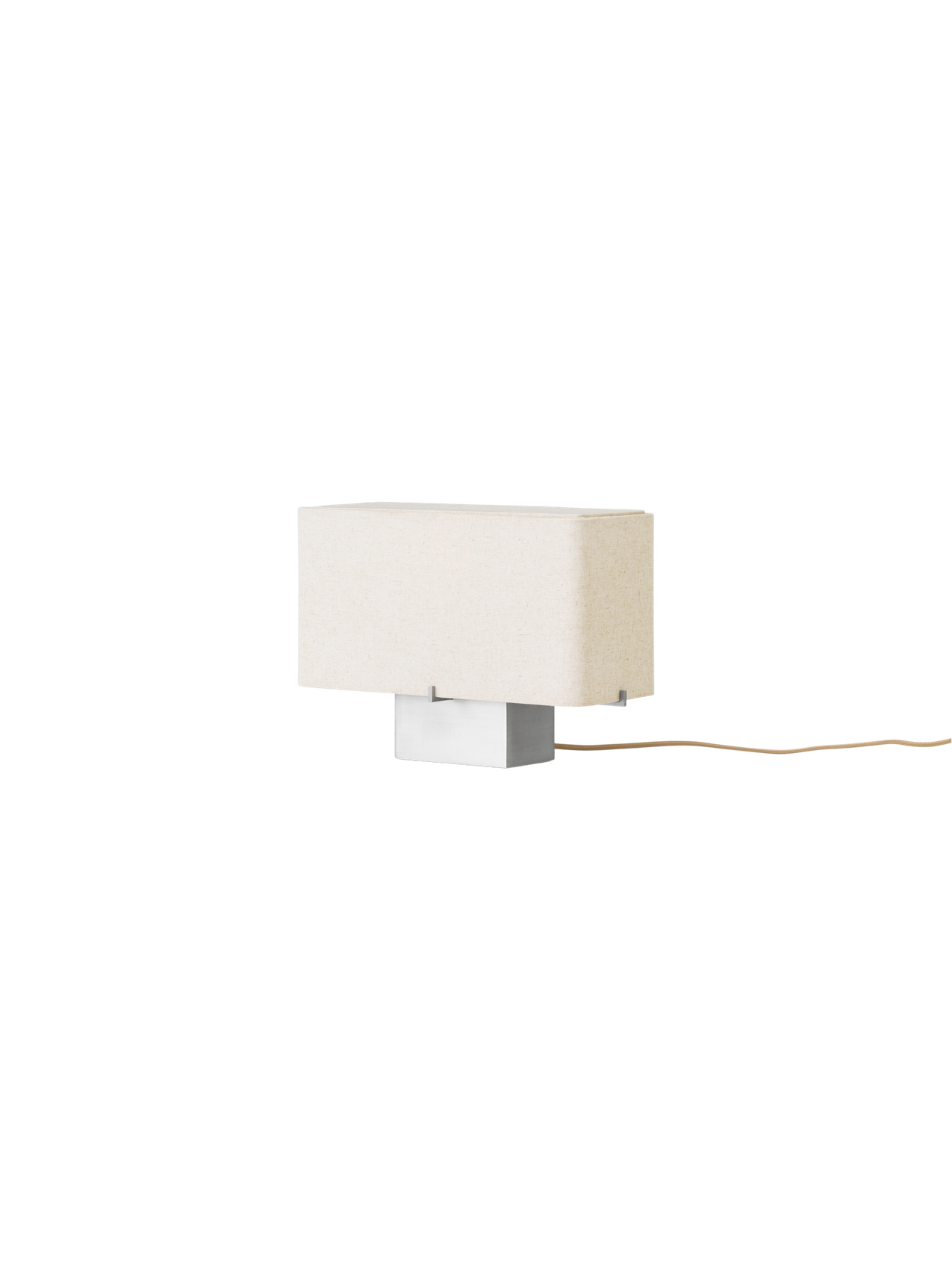 Angled side view of the Nonna Table Lamp, showing its rectangular sand-coloured textile shade and brushed aluminium base.