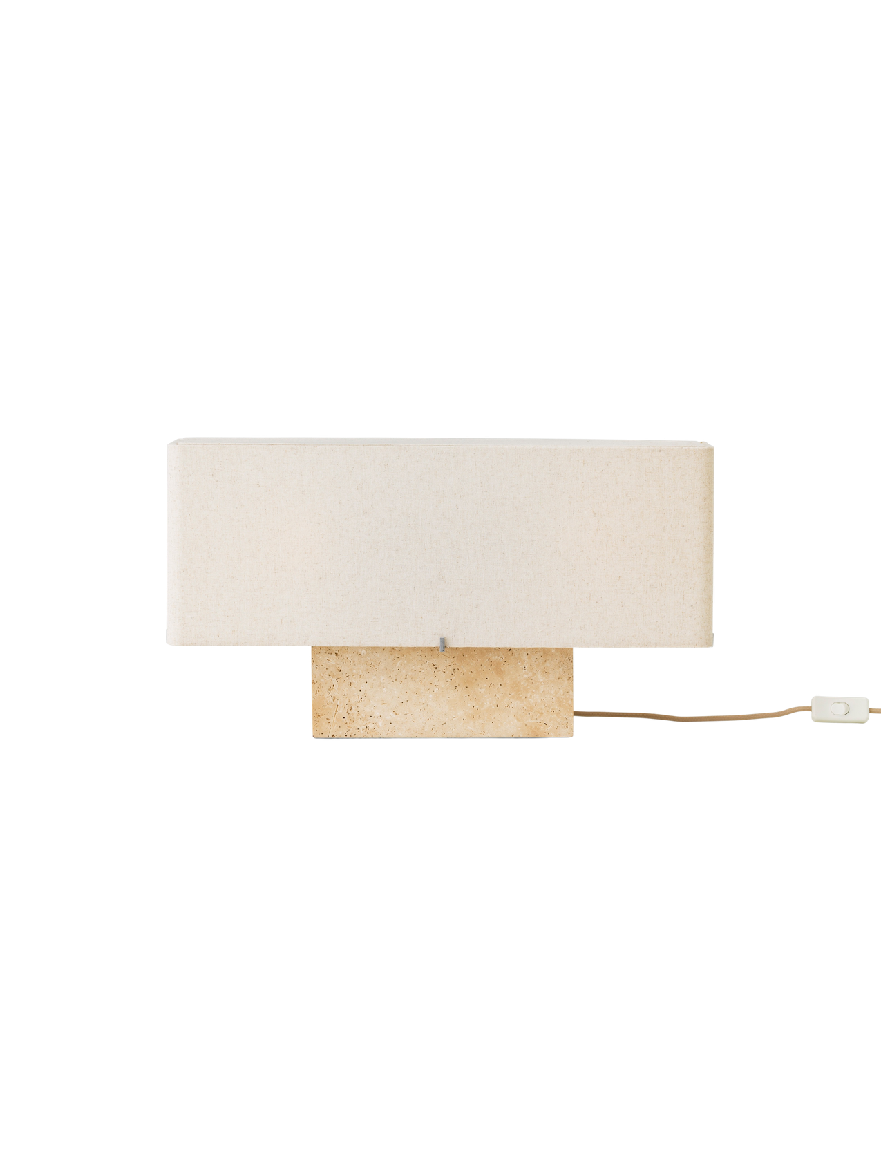 Front view of the Nonna Table Lamp with a rectangular travertine base and a wide, sand-coloured linen lampshade.