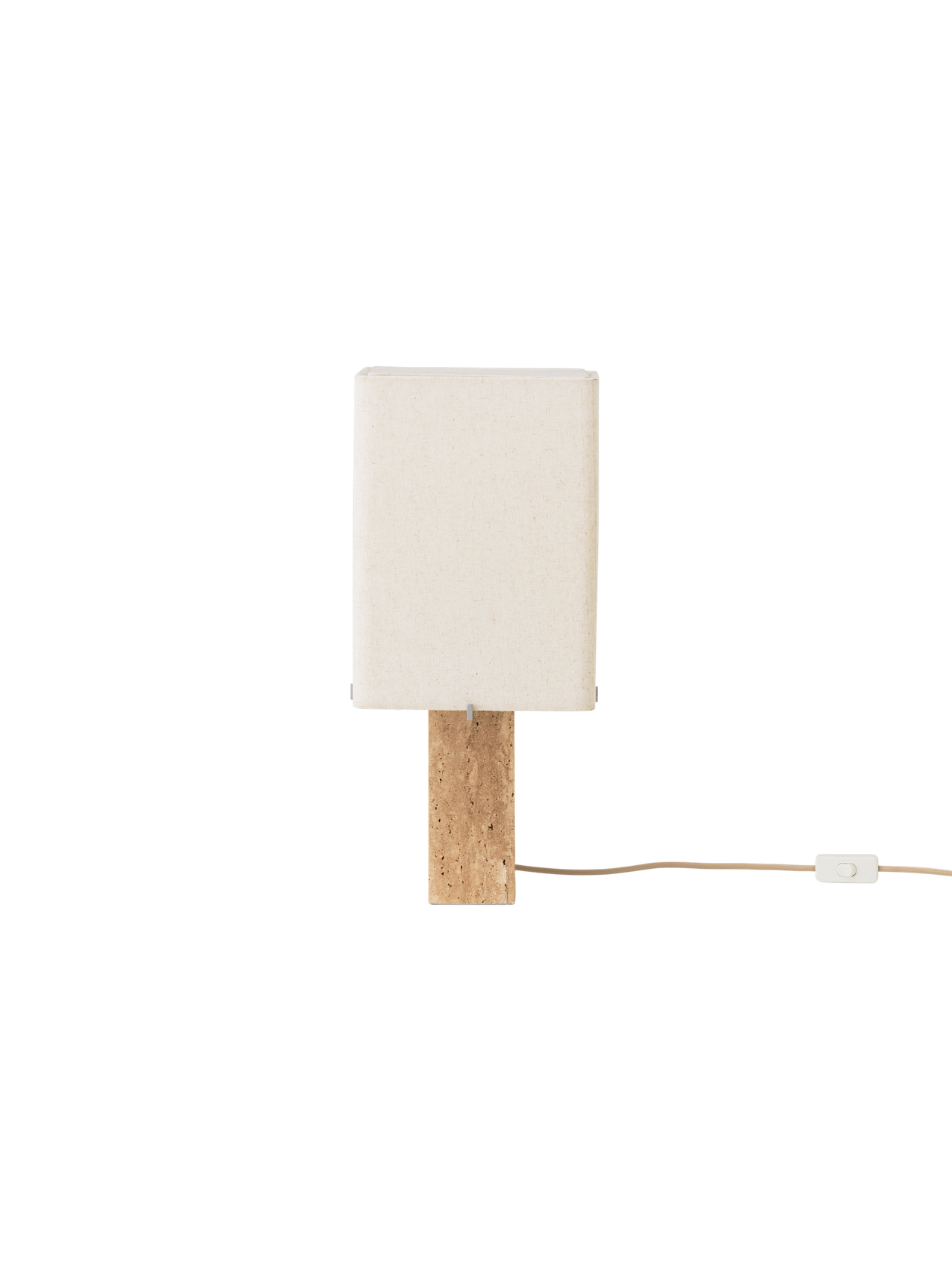 Front view of the switched-off Nonna Table Lamp, showing its rectangular travertine base and sand-coloured linen shade.