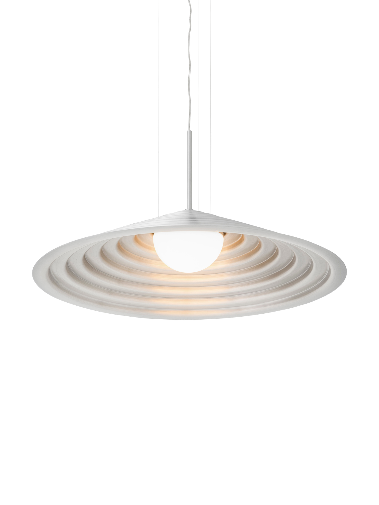 Bottom view of the lit Chancery Pendant Lamp, showing the glowing opal bulb inside its rippled, stepped aluminium shade.