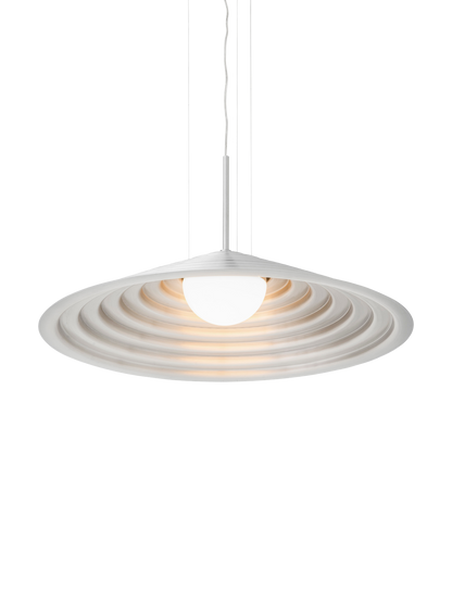 Bottom view of the lit Chancery Pendant Lamp, showing the glowing opal bulb inside its rippled, stepped aluminium shade.
