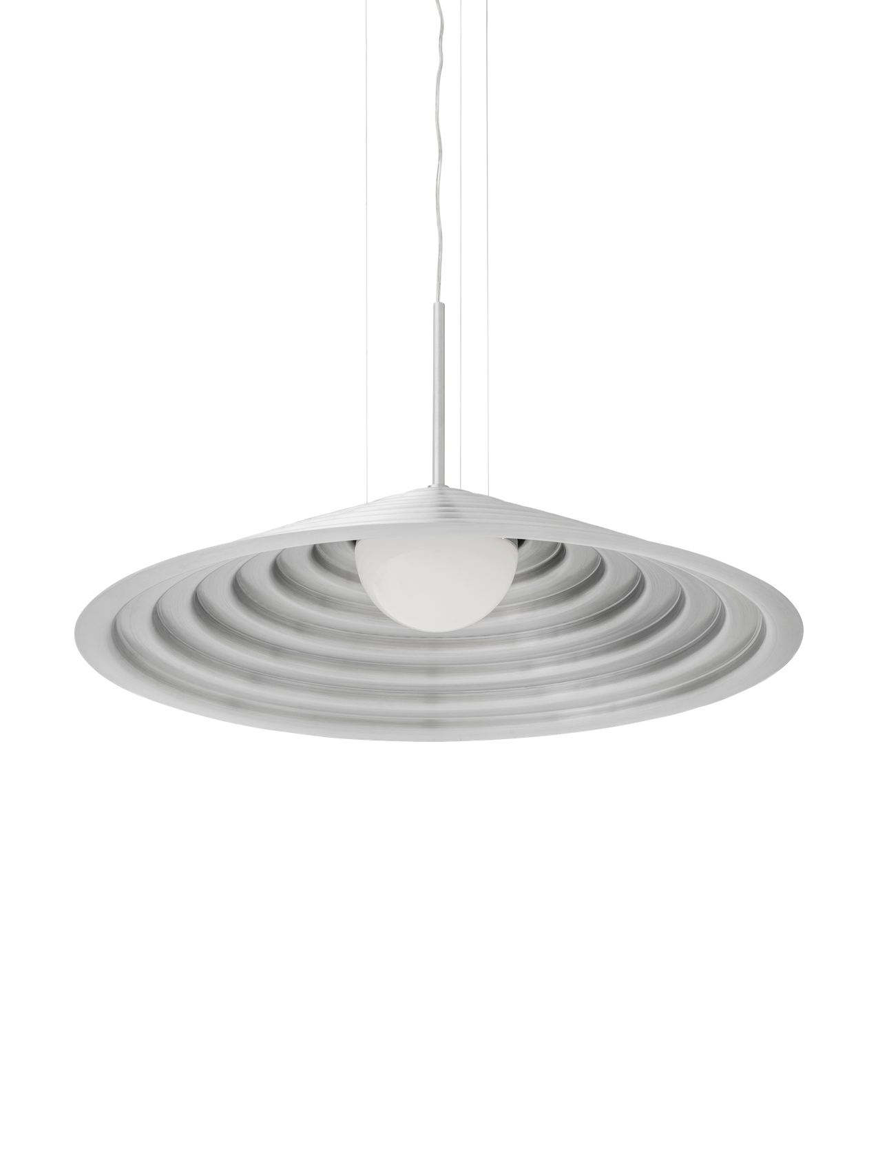 A view from below of the Chancery Pendant Lamp, showing its wide, rippled brushed aluminium shade and central opal bulb.