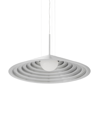 A view from below of the Chancery Pendant Lamp, showing its wide, rippled brushed aluminium shade and central opal bulb.