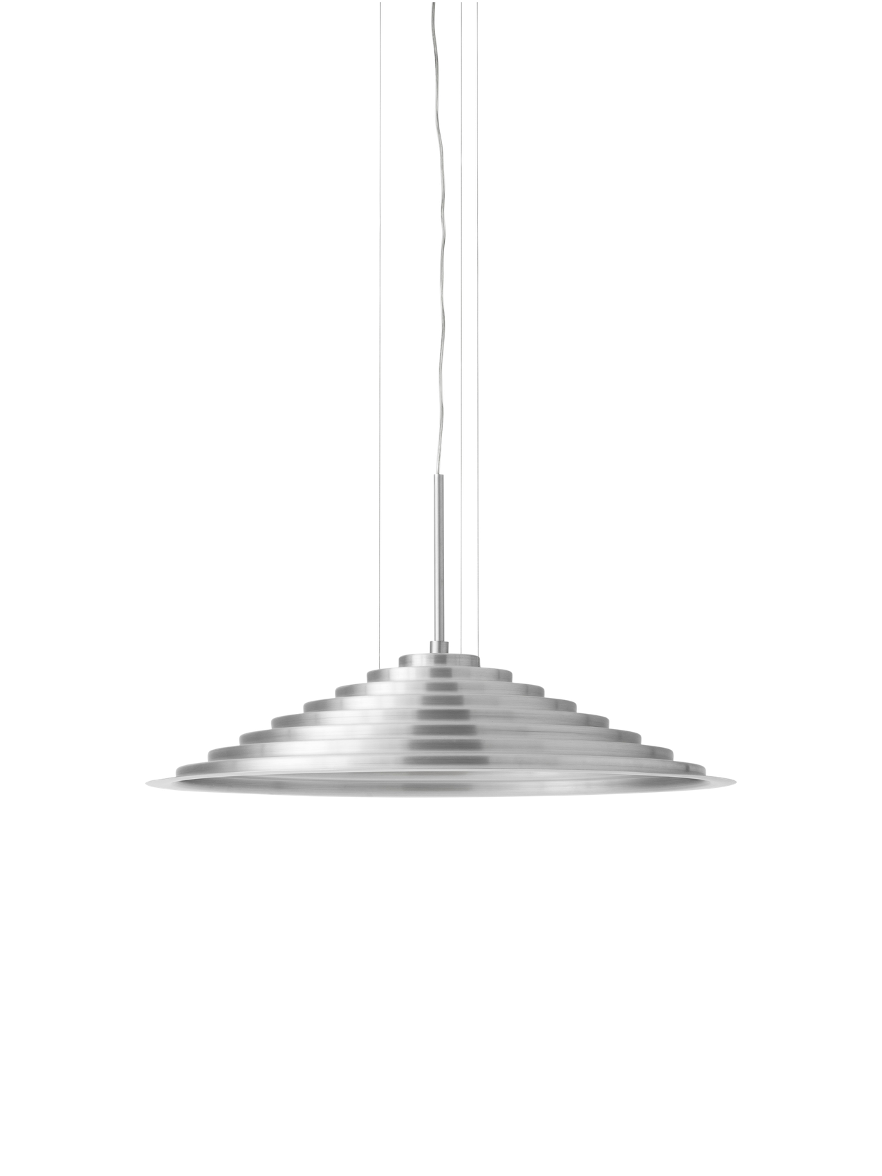 Front view of the Chancery Pendant Lamp, with a rippled, stepped silhouette in brushed aluminium against a black background.