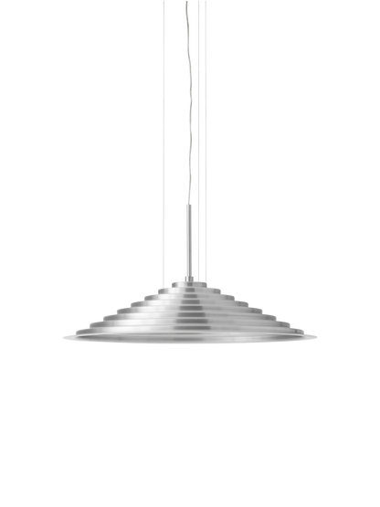 Front view of the Chancery Pendant Lamp, with a rippled, stepped silhouette in brushed aluminium against a black background.