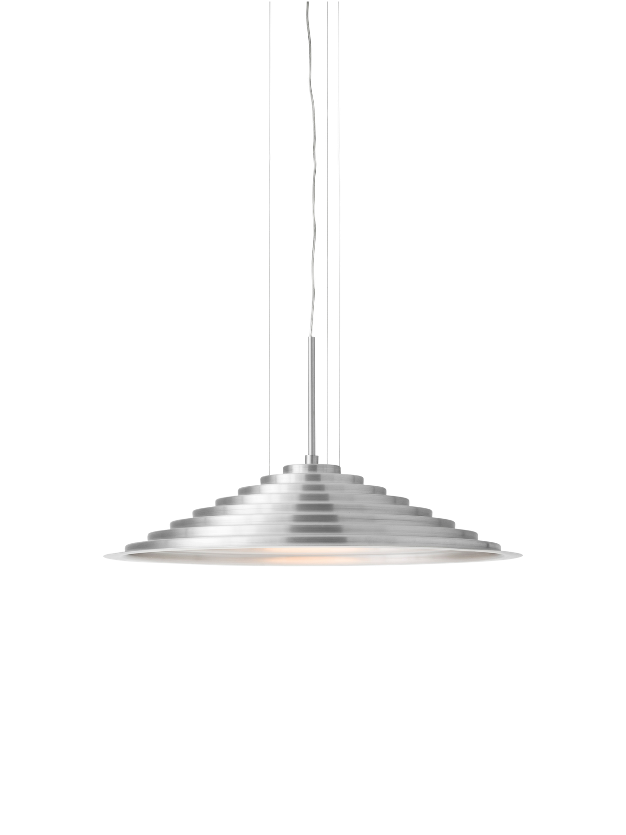 A front-on view of the brushed aluminium Chancery Pendant Lamp, showing its wide, stepped silhouette and soft, glowing light.