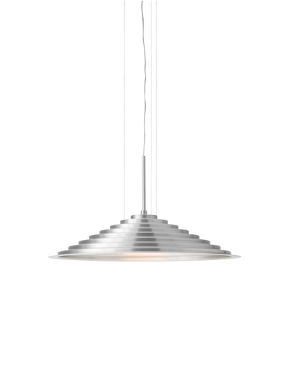 A front-on view of the brushed aluminium Chancery Pendant Lamp, showing its wide, stepped silhouette and soft, glowing light.