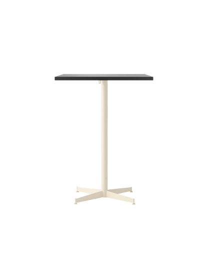 Front view of the Nook Counter Table with a rectangular charcoal linoleum top and an ivory steel pedestal base.