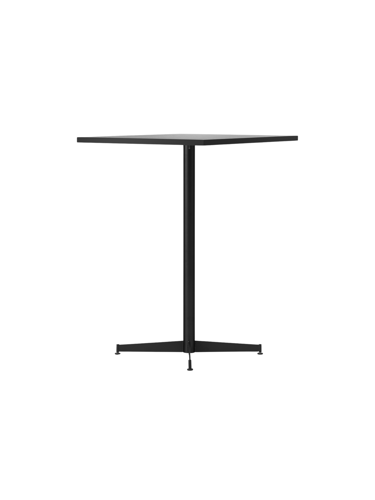 Angled view of the Nook Counter Table with a square Kunis Breccia Stone top and a black powder-coated steel pedestal base.