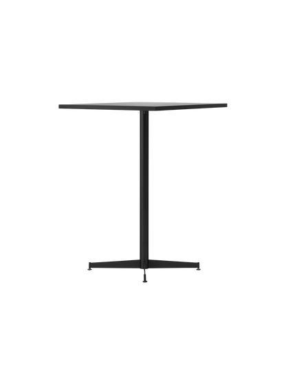 Angled view of the Nook Counter Table with a square Kunis Breccia Stone top and a black powder-coated steel pedestal base.