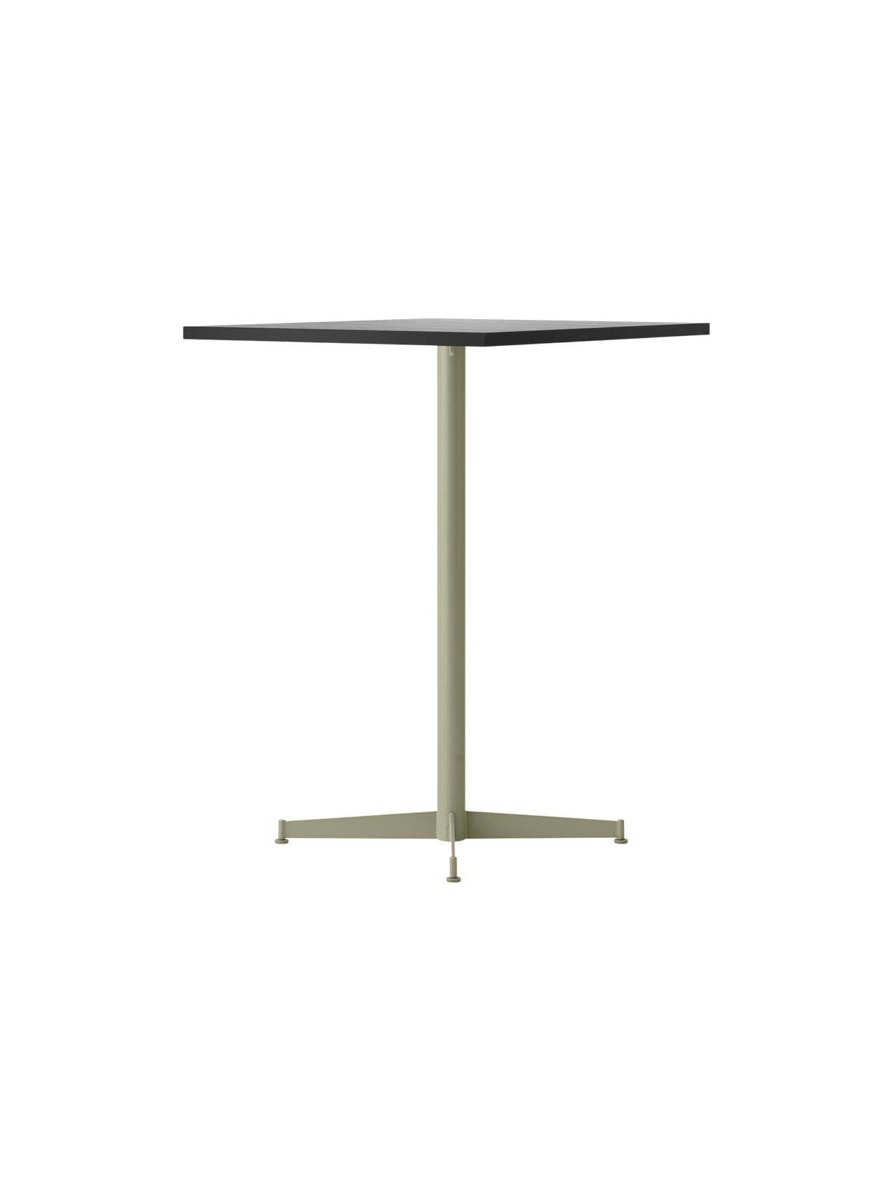 Angled view of the Nook Counter Table with a dark square top, a light-coloured single column, and a four-pronged base.