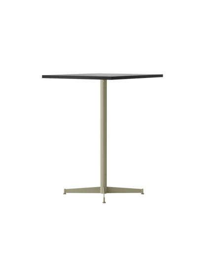 Angled view of the Nook Counter Table with a dark square top, a light-coloured single column, and a four-pronged base.