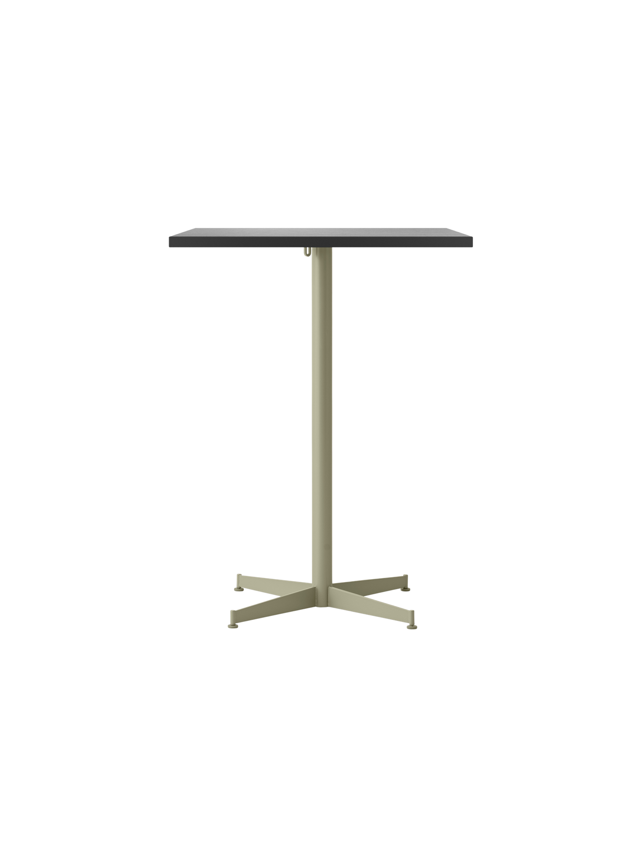 Front view of the Nook Counter Table, featuring a rectangular dark grey top on a tall column with a four-legged olive base.