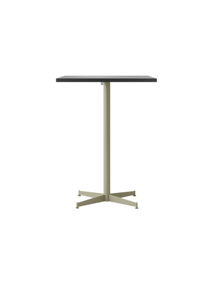 Front view of the Nook Counter Table, featuring a rectangular dark grey top on a tall column with a four-legged olive base.