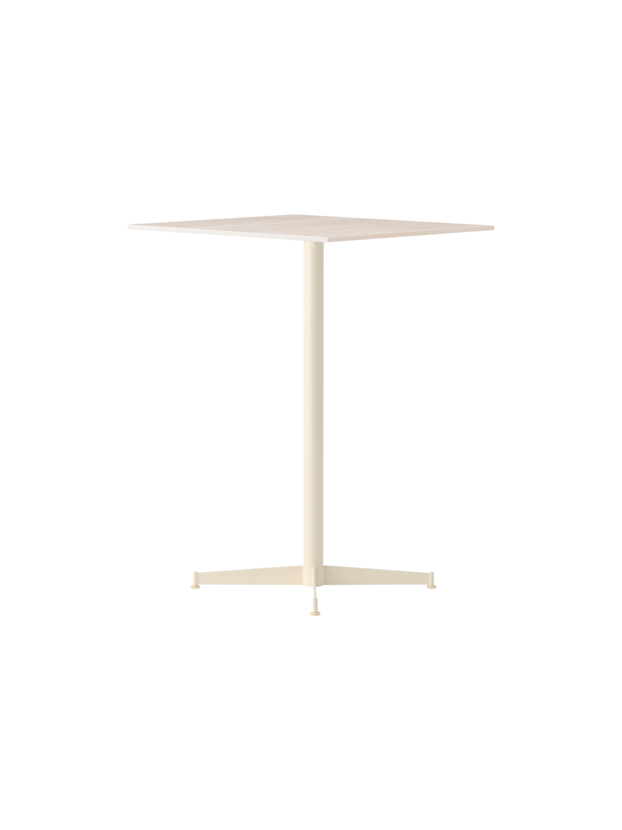 The Nook Counter Table in ivory, at an angle. It features a square tabletop, a slim central column, and a four-leg base.