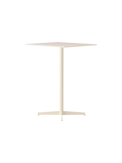 The Nook Counter Table in ivory, at an angle. It features a square tabletop, a slim central column, and a four-leg base.