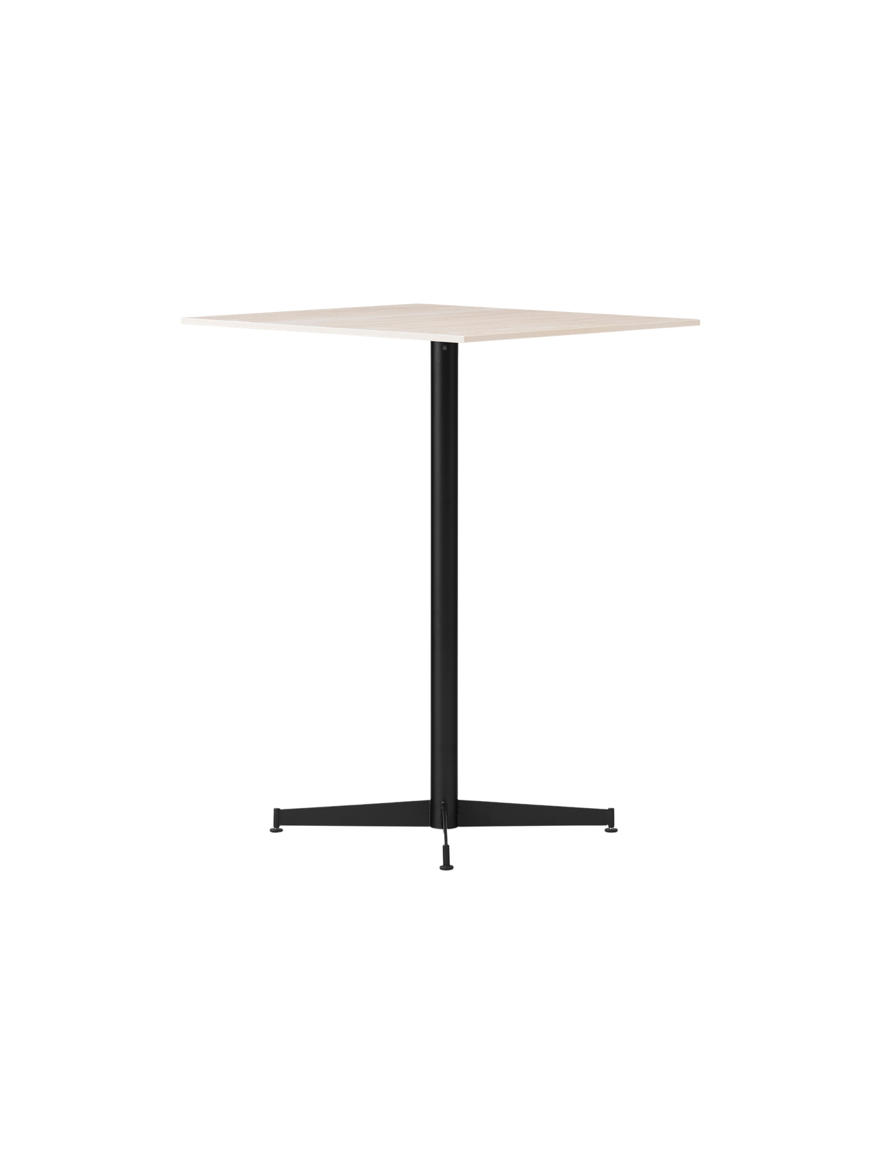 Angled view of the Nook Counter Table with a square, light-coloured top and a black powder-coated steel pedestal base.