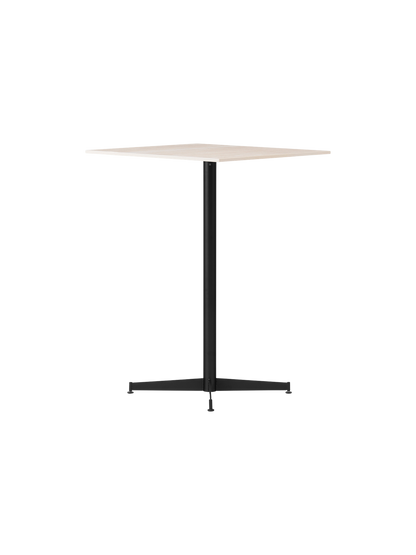 Angled view of the Nook Counter Table with a square, light-coloured top and a black powder-coated steel pedestal base.