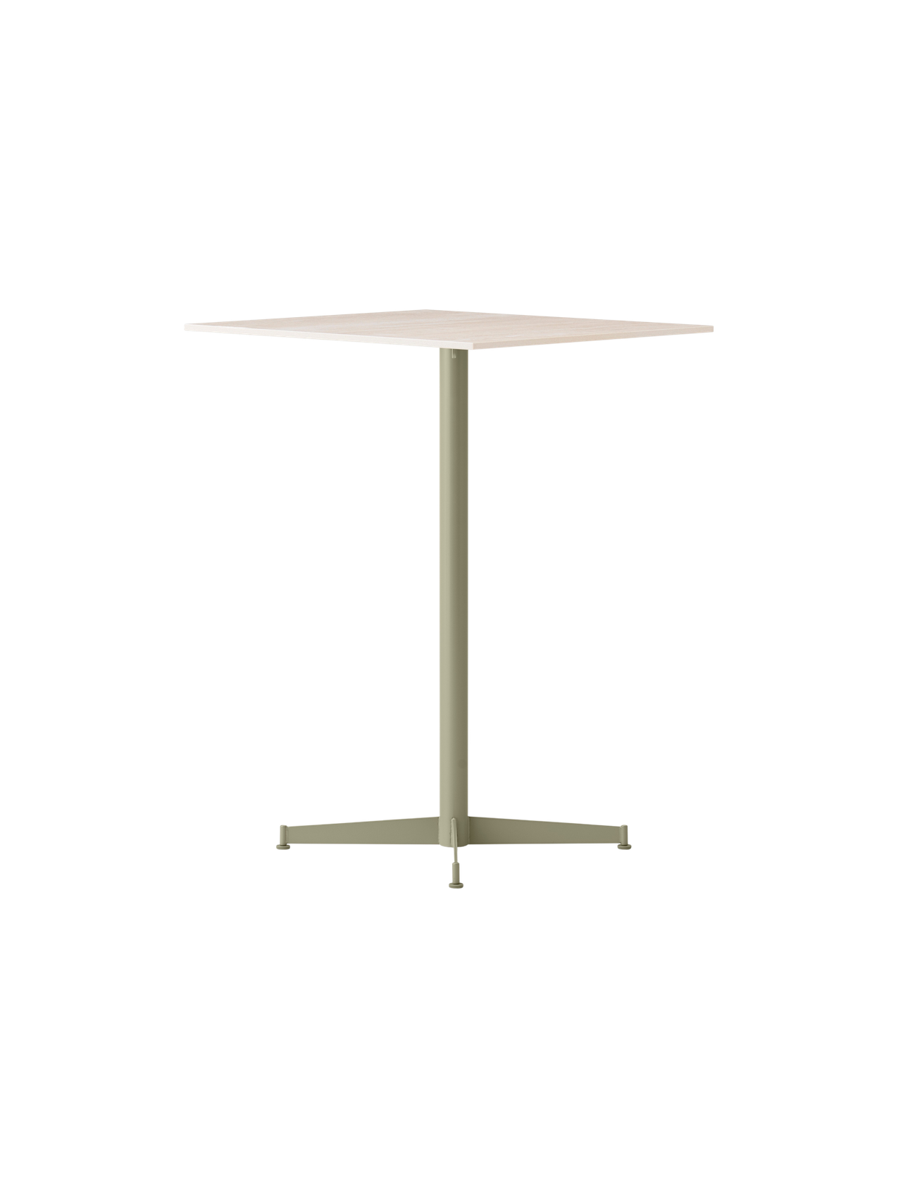 Angled view of the Nook Counter Table, featuring a light-coloured square top and a slender, olive green pedestal base.