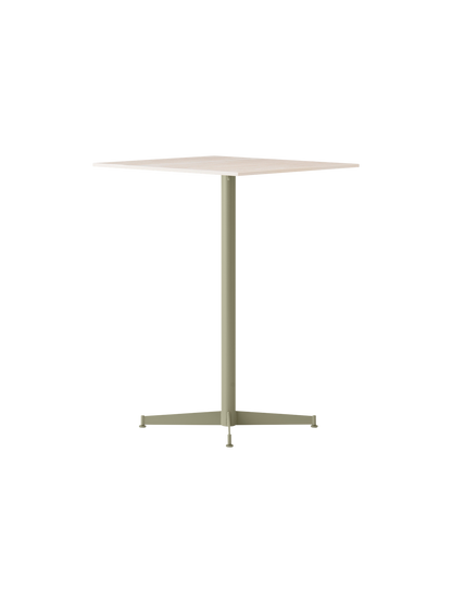 Angled view of the Nook Counter Table, featuring a light-coloured square top and a slender, olive green pedestal base.