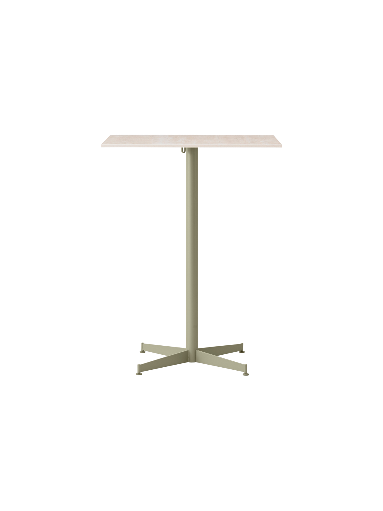 Front view of the Nook Counter Table featuring a rectangular light-coloured top and a slim single-column metal base in olive