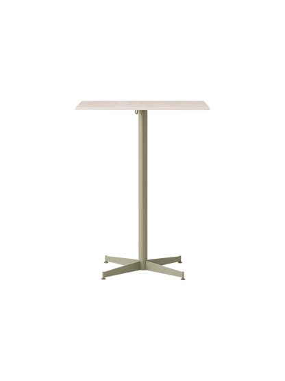 Front view of the Nook Counter Table featuring a rectangular light-coloured top and a slim single-column metal base in olive