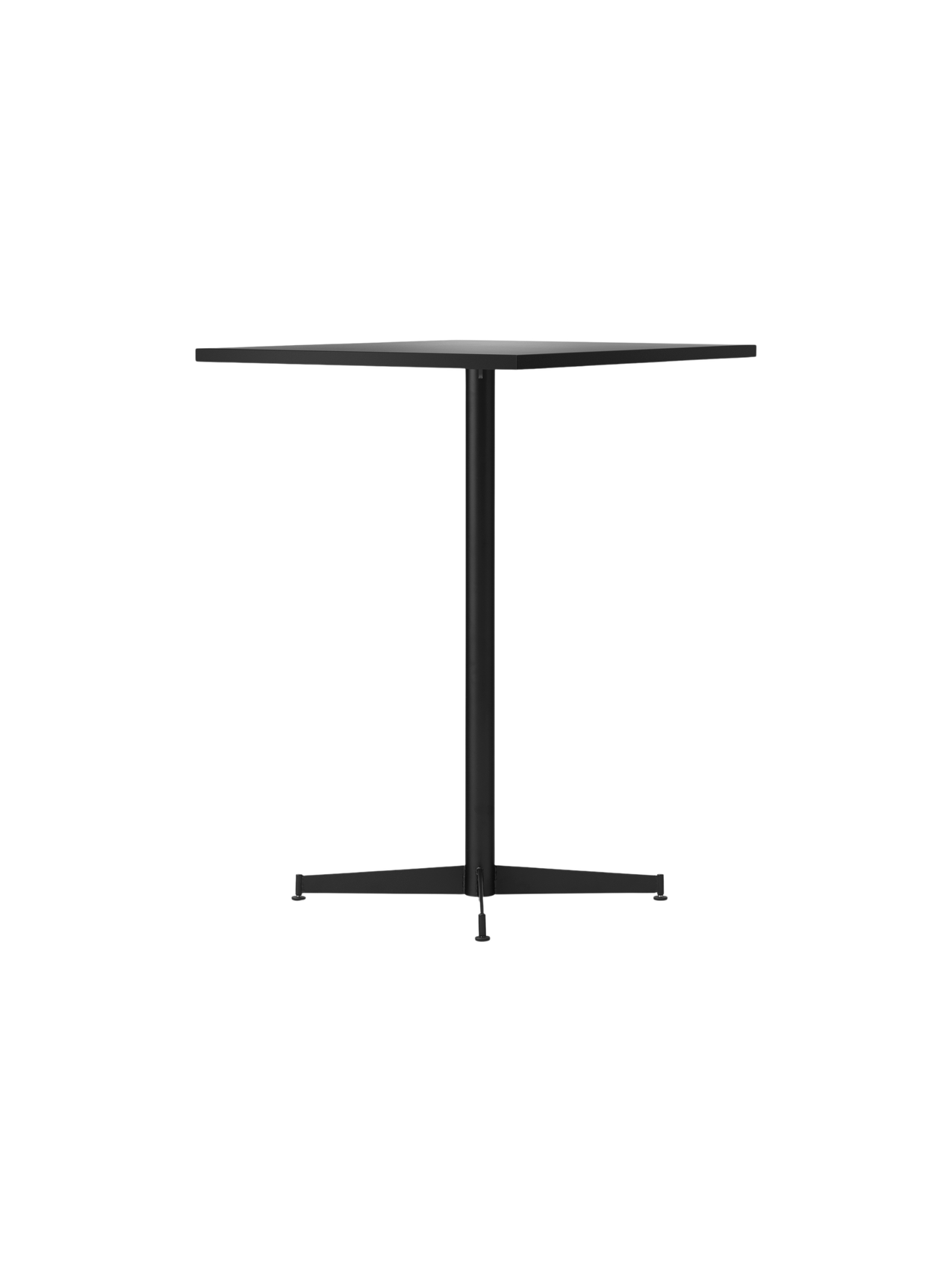 Angled view of the Nook Counter Table with a square, light-coloured top and a black central pedestal base with four feet.