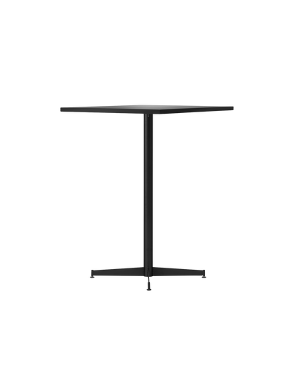 Angled view of the Nook Counter Table with a square, light-coloured top and a black central pedestal base with four feet.