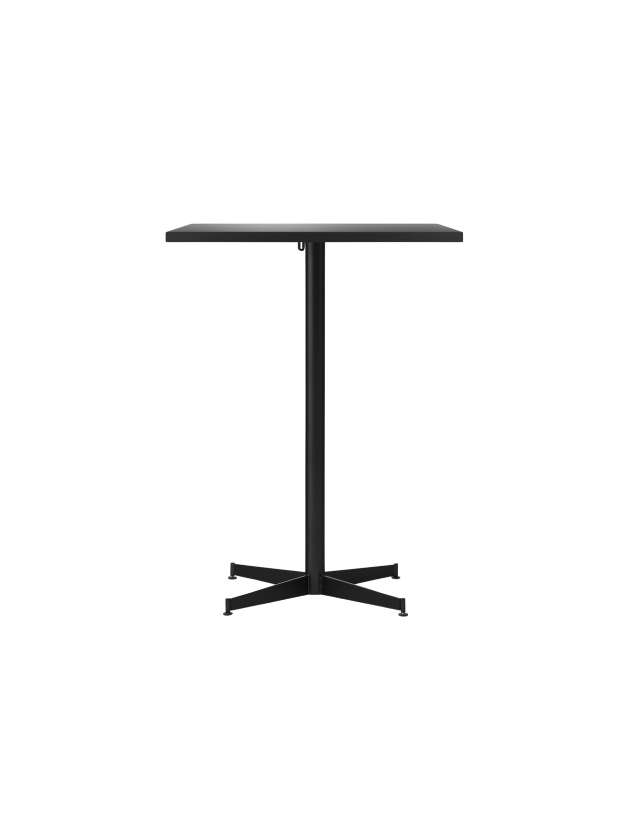A front-on image of the Nook Counter Table in black, featuring a square tabletop, a central pedestal, and a cross base.