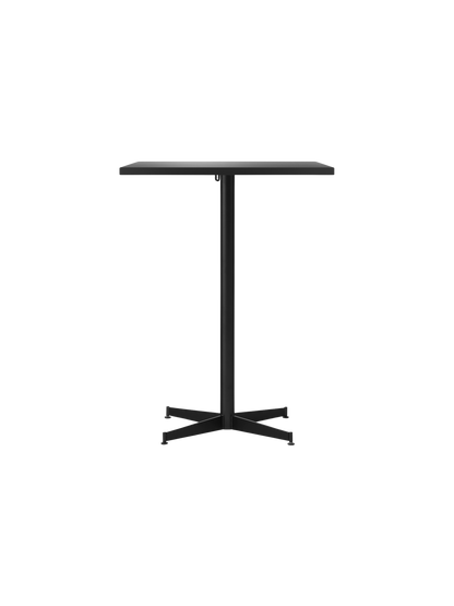 A front-on image of the Nook Counter Table in black, featuring a square tabletop, a central pedestal, and a cross base.