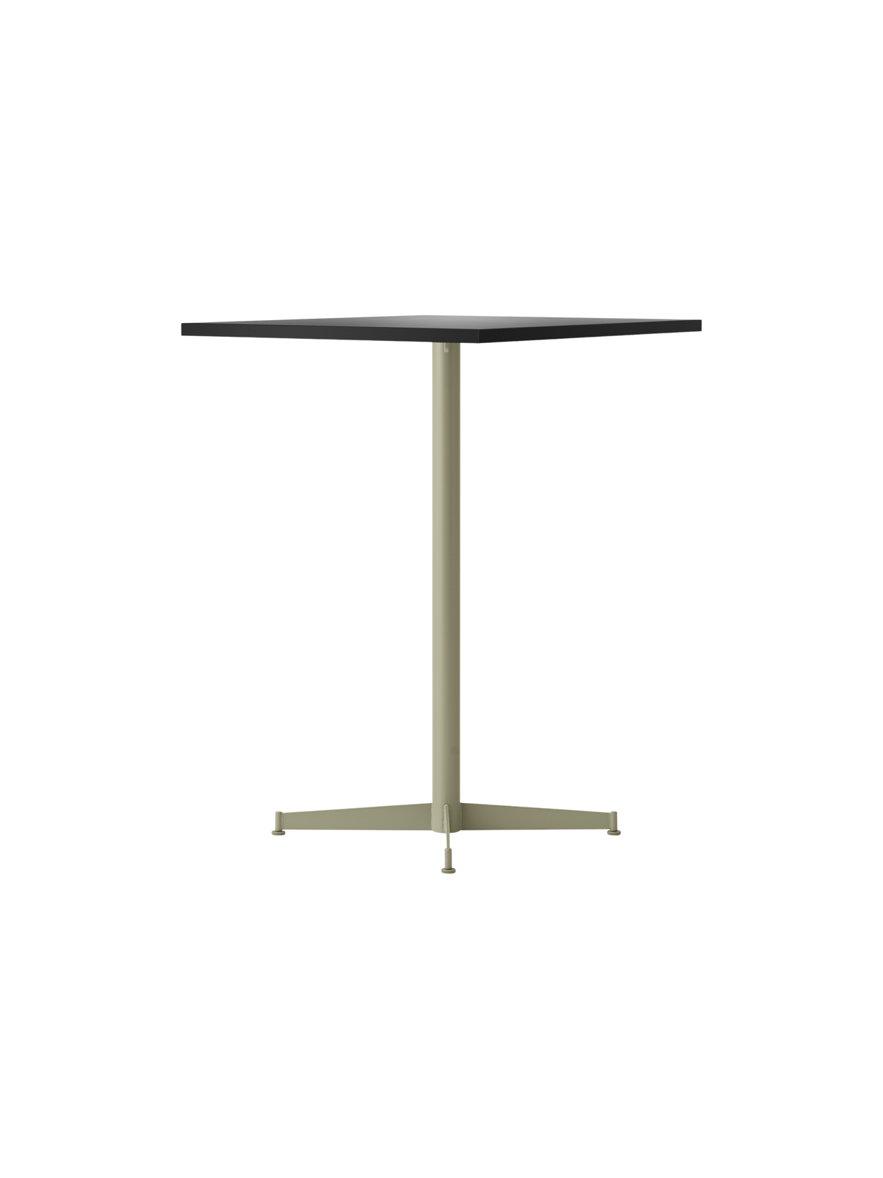 An angled view of the Nook Counter Table with a rectangular charcoal linoleum top on a slender olive pedestal base.