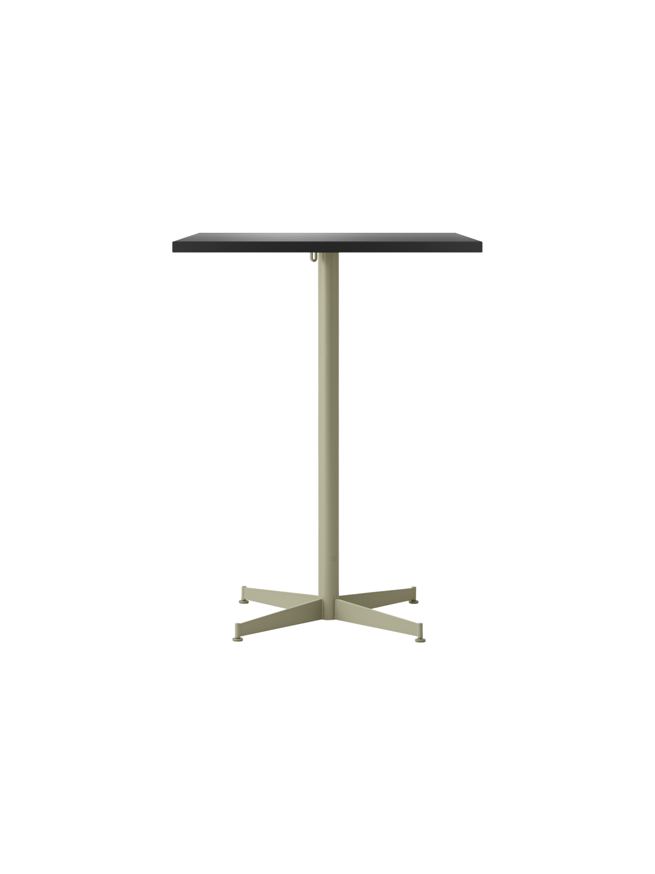 A front view of the Nook Counter Table with a rectangular charcoal linoleum top and an olive steel pedestal base.
