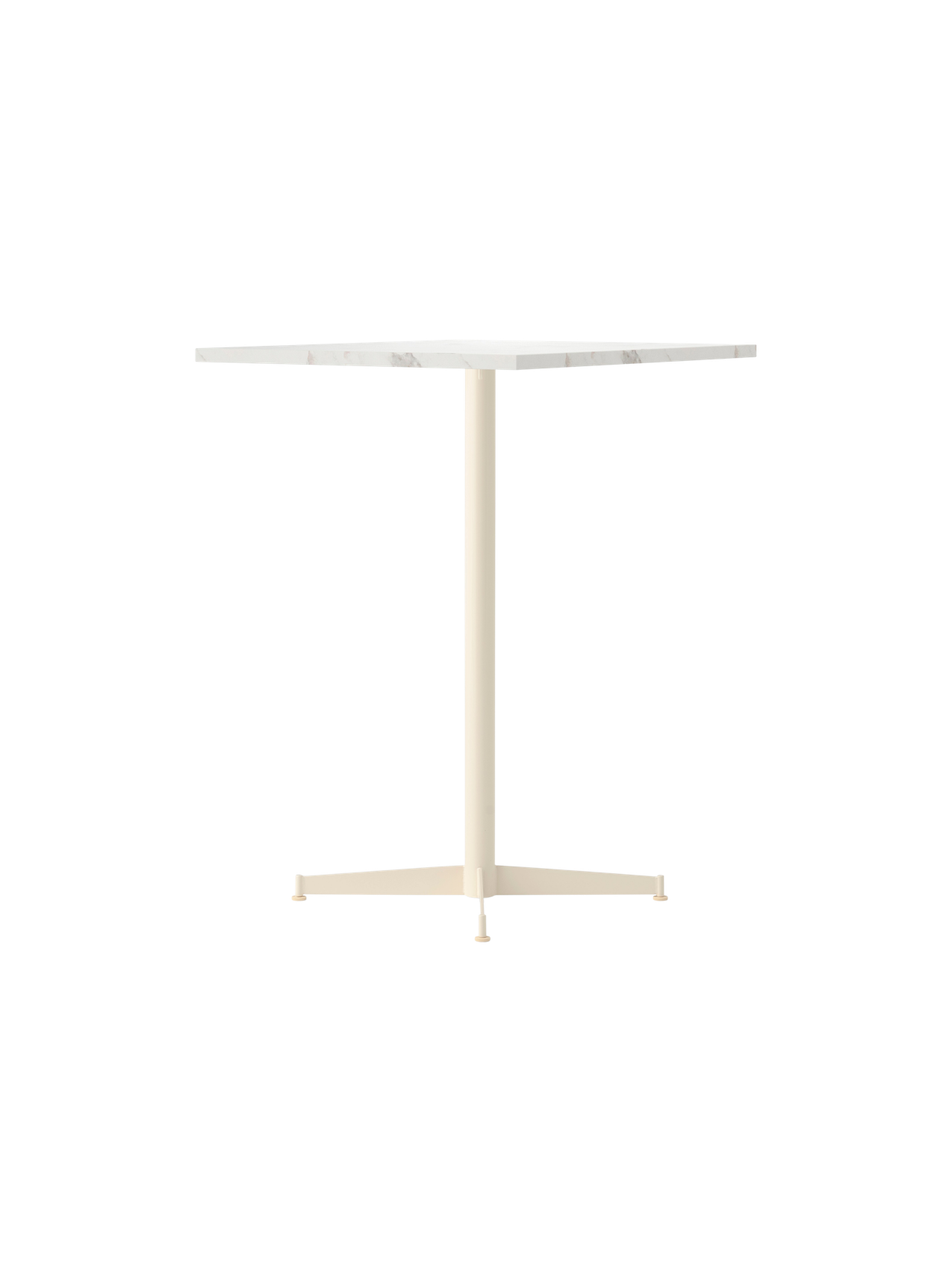An angle view of the Nook Counter Table with a square white marble top and an ivory powder-coated steel pedestal base.