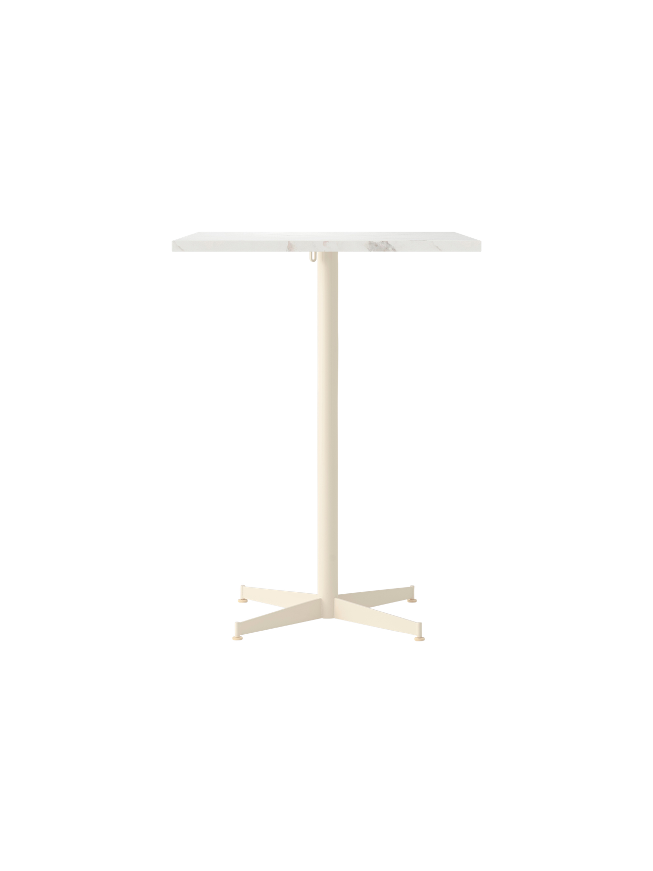Front view of the Nook Counter Table with a rectangular white marble top and slim ivory pedestal base with four feet.
