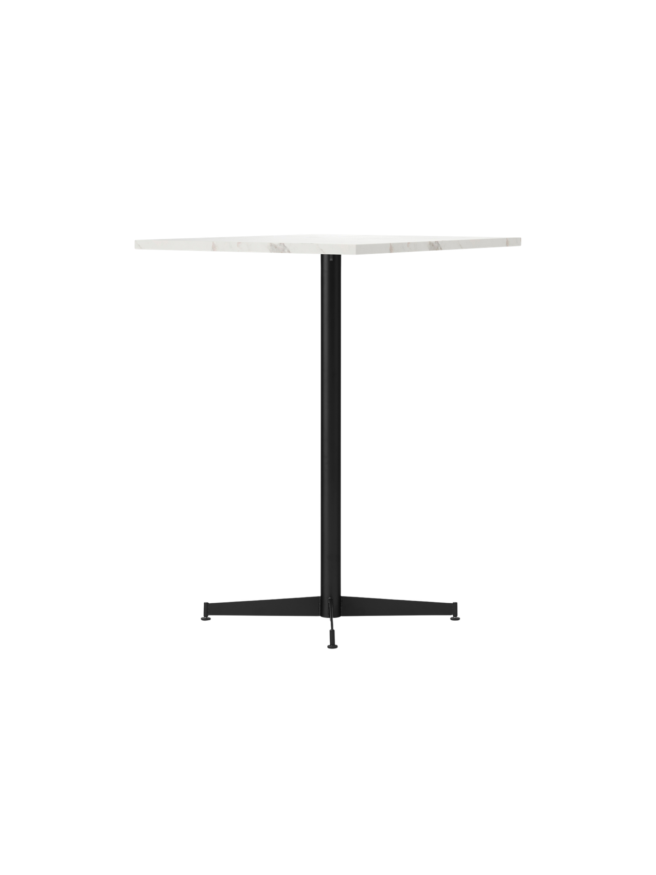 An angled shot of the Nook Counter Table with a white marble top and a slim black steel base, set against a black background.